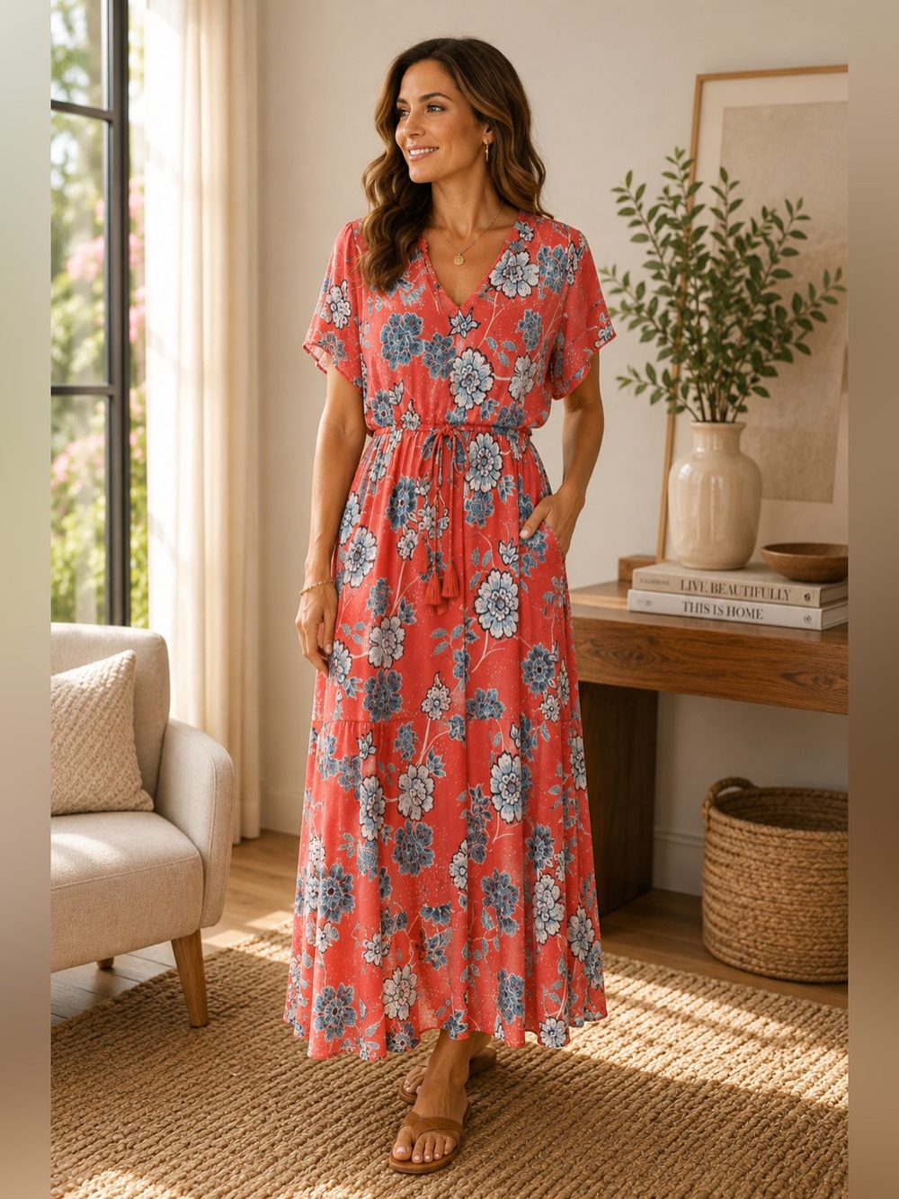 Sonoma Floral Maxi Dress Medium Coral Blue Boho Tassel Tie Rayon